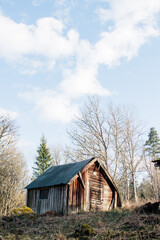 Fototapeta na wymiar Old wooden barn in the Swedish countryside, rural scene in Sweden