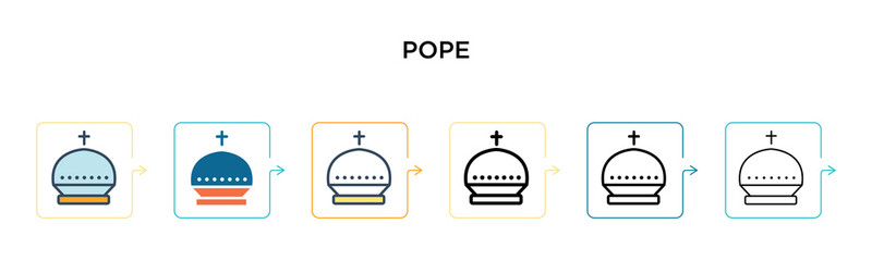 Pope vector icon in 6 different modern styles. Black, two colored pope icons designed in filled, outline, line and stroke style. Vector illustration can be used for web, mobile, ui