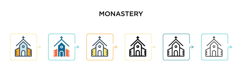 Monastery vector icon in 6 different modern styles. Black, two colored monastery icons designed in filled, outline, line and stroke style. Vector illustration can be used for web, mobile, ui