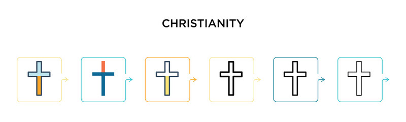 Christianity vector icon in 6 different modern styles. Black, two colored christianity icons designed in filled, outline, line and stroke style. Vector illustration can be used for web, mobile, ui