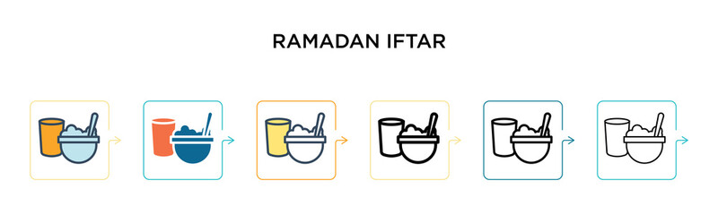 Ramadan iftar vector icon in 6 different modern styles. Black, two colored ramadan iftar icons designed in filled, outline, line and stroke style. Vector illustration can be used for web, mobile, ui