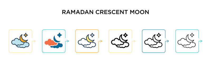 Ramadan crescent moon vector icon in 6 different modern styles. Black, two colored ramadan crescent moon icons designed in filled, outline, line and stroke style. Vector illustration can be used for