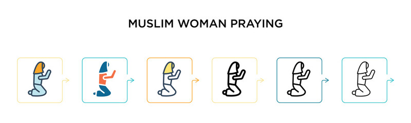 Muslim woman praying vector icon in 6 different modern styles. Black, two colored muslim woman praying icons designed in filled, outline, line and stroke style. Vector illustration can be used for