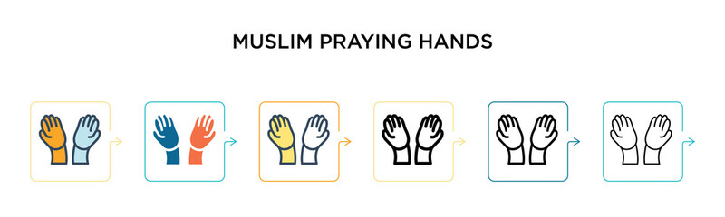 Muslim praying hands vector icon in 6 different modern styles. Black, two colored muslim praying hands icons designed in filled, outline, line and stroke style. Vector illustration can be used for