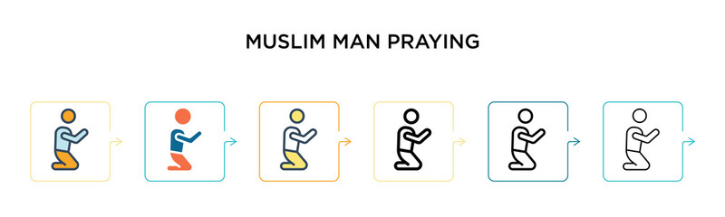 Muslim man praying vector icon in 6 different modern styles. Black, two colored muslim man praying icons designed in filled, outline, line and stroke style. Vector illustration can be used for web,