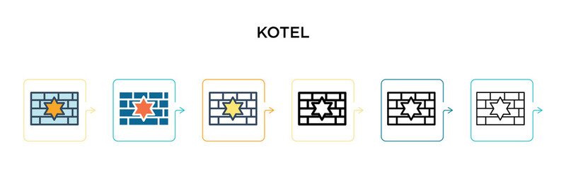 Kotel vector icon in 6 different modern styles. Black, two colored kotel icons designed in filled, outline, line and stroke style. Vector illustration can be used for web, mobile, ui