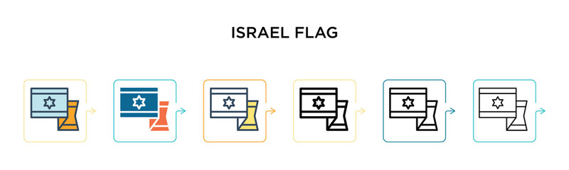 Israel flag vector icon in 6 different modern styles. Black, two colored israel flag icons designed in filled, outline, line and stroke style. Vector illustration can be used for web, mobile, ui