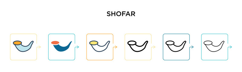 Shofar vector icon in 6 different modern styles. Black, two colored shofar icons designed in filled, outline, line and stroke style. Vector illustration can be used for web, mobile, ui