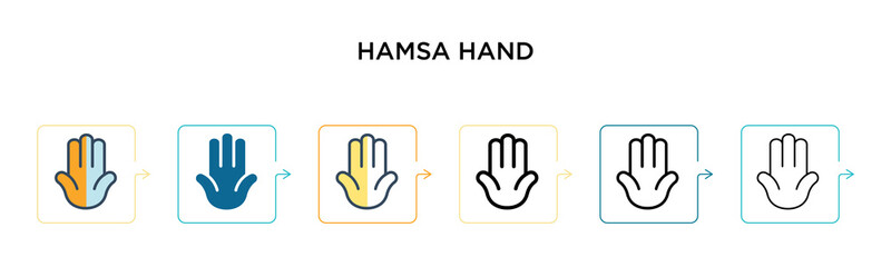 Hamsa hand vector icon in 6 different modern styles. Black, two colored hamsa hand icons designed in filled, outline, line and stroke style. Vector illustration can be used for web, mobile, ui