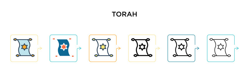 Torah vector icon in 6 different modern styles. Black, two colored torah icons designed in filled, outline, line and stroke style. Vector illustration can be used for web, mobile, ui