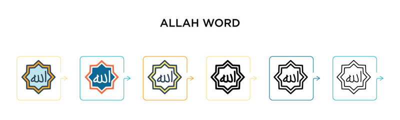 Allah word vector icon in 6 different modern styles. Black, two colored allah word icons designed in filled, outline, line and stroke style. Vector illustration can be used for web, mobile, ui