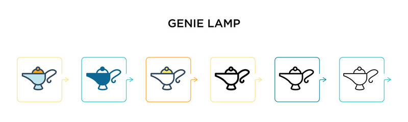 Genie lamp vector icon in 6 different modern styles. Black, two colored genie lamp icons designed in filled, outline, line and stroke style. Vector illustration can be used for web, mobile, ui