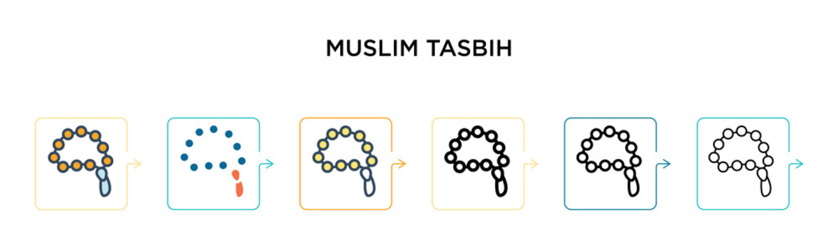 Muslim tasbih vector icon in 6 different modern styles. Black, two colored muslim tasbih icons designed in filled, outline, line and stroke style. Vector illustration can be used for web, mobile, ui