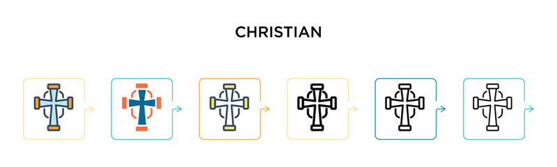 Fototapeta premium Christian vector icon in 6 different modern styles. Black, two colored christian icons designed in filled, outline, line and stroke style. Vector illustration can be used for web, mobile, ui