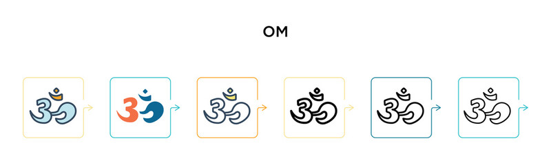 Om vector icon in 6 different modern styles. Black, two colored om icons designed in filled, outline, line and stroke style. Vector illustration can be used for web, mobile, ui