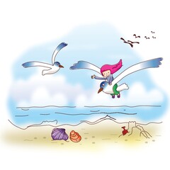 girl flying on bird