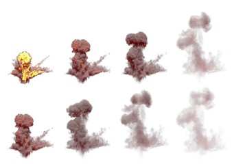 many images of big grenade blast mushroom cloud with fire and burning isolated on white background - 3D illustration of objects