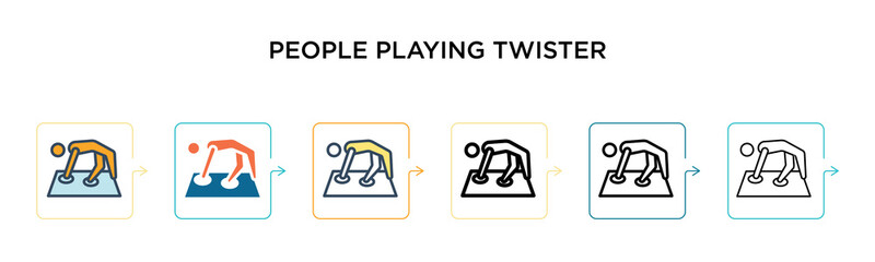People playing twister vector icon in 6 different modern styles. Black, two colored people playing twister icons designed in filled, outline, line and stroke style. Vector illustration can be used for