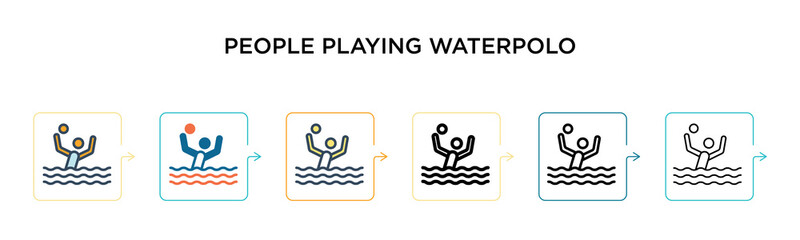 People playing waterpolo vector icon in 6 different modern styles. Black, two colored people playing waterpolo icons designed in filled, outline, line and stroke style. Vector illustration can be used