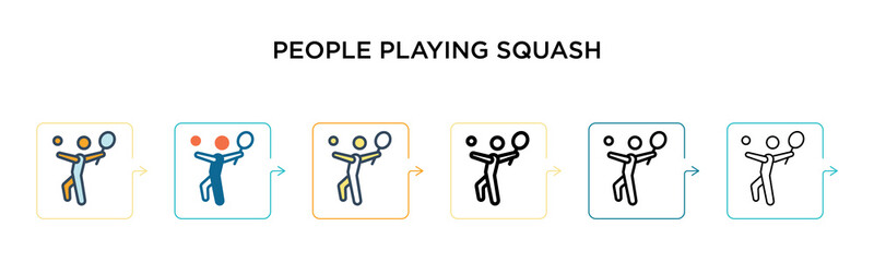 People playing squash vector icon in 6 different modern styles. Black, two colored people playing squash icons designed in filled, outline, line and stroke style. Vector illustration can be used for