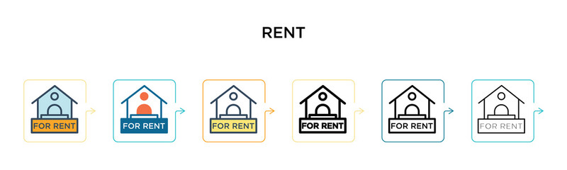 Rent vector icon in 6 different modern styles. Black, two colored rent icons designed in filled, outline, line and stroke style. Vector illustration can be used for web, mobile, ui