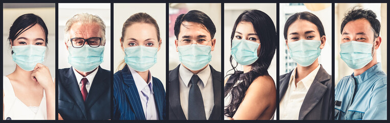 Diverse people with face mask protected from Coronavirus or COVID-19 photo set in banner concept of...