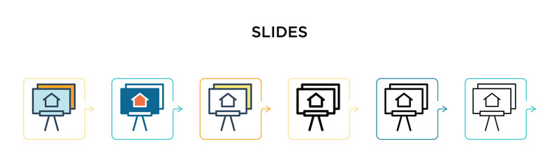 Slides vector icon in 6 different modern styles. Black, two colored slides icons designed in filled, outline, line and stroke style. Vector illustration can be used for web, mobile, ui