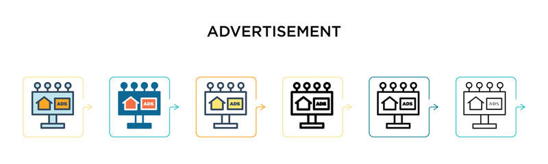 Advertisement vector icon in 6 different modern styles. Black, two colored advertisement icons designed in filled, outline, line and stroke style. Vector illustration can be used for web, mobile, ui