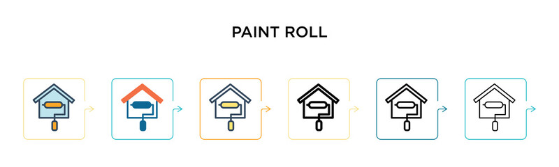 Paint roll vector icon in 6 different modern styles. Black, two colored paint roll icons designed in filled, outline, line and stroke style. Vector illustration can be used for web, mobile, ui