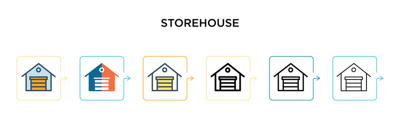 Storehouse vector icon in 6 different modern styles. Black, two colored storehouse icons designed in filled, outline, line and stroke style. Vector illustration can be used for web, mobile, ui