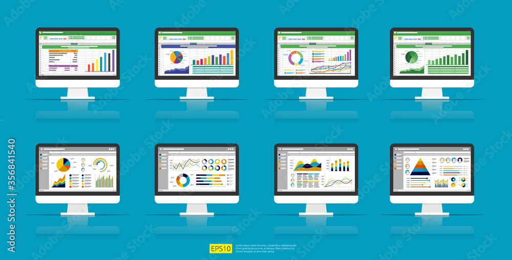 Poster web statistics analytic charts on computer screen icon set. flat vector infographic and spreadsheet 