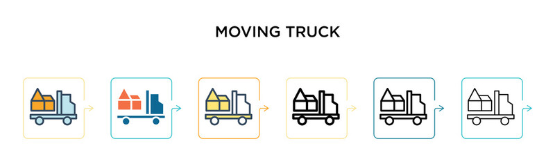 Moving truck vector icon in 6 different modern styles. Black, two colored moving truck icons designed in filled, outline, line and stroke style. Vector illustration can be used for web, mobile, ui