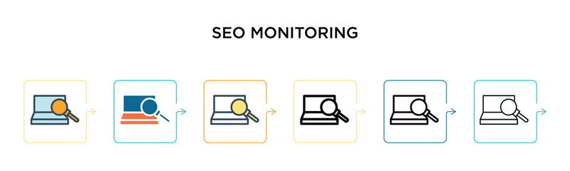 Seo monitoring vector icon in 6 different modern styles. Black, two colored seo monitoring icons designed in filled, outline, line and stroke style. Vector illustration can be used for web, mobile, ui