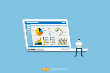 businessman analysis web statistics charts on Computer screen. Flat vector infographic analytic trend graphs information concept for planning and accounting, audit, data report, marketing illustration