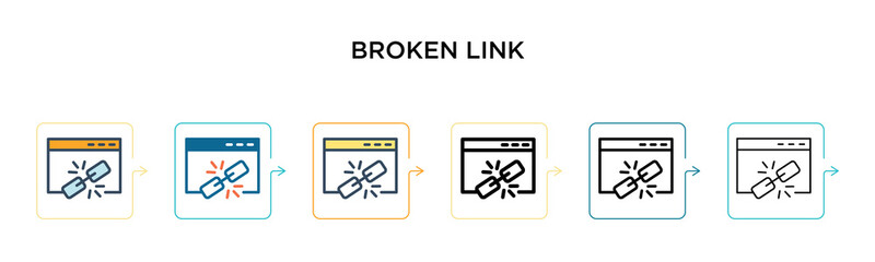 Broken link vector icon in 6 different modern styles. Black, two colored broken link icons designed in filled, outline, line and stroke style. Vector illustration can be used for web, mobile, ui