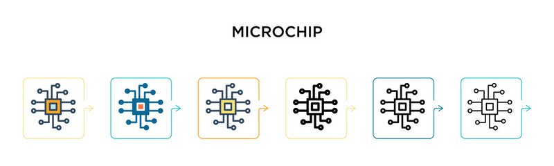 Fototapeta premium Microchip vector icon in 6 different modern styles. Black, two colored microchip icons designed in filled, outline, line and stroke style. Vector illustration can be used for web, mobile, ui