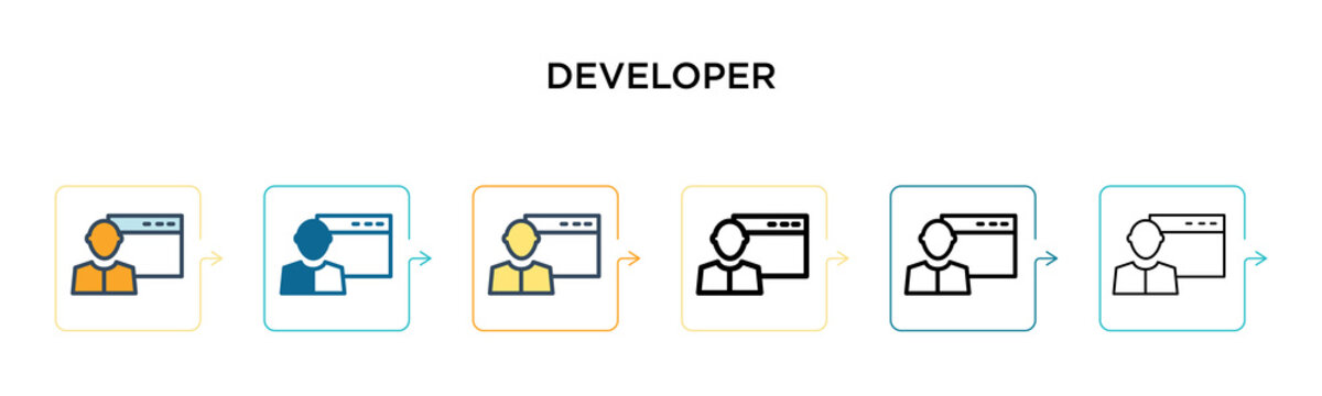 Developer vector icon in 6 different modern styles. Black, two colored developer icons designed in filled, outline, line and stroke style. Vector illustration can be used for web, mobile, ui