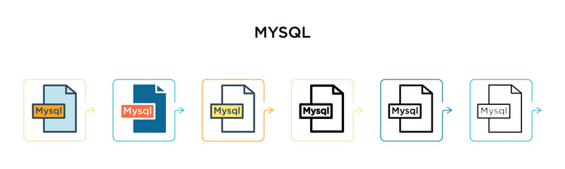 Mysql vector icon in 6 different modern styles. Black, two colored mysql icons designed in filled, outline, line and stroke style. Vector illustration can be used for web, mobile, ui