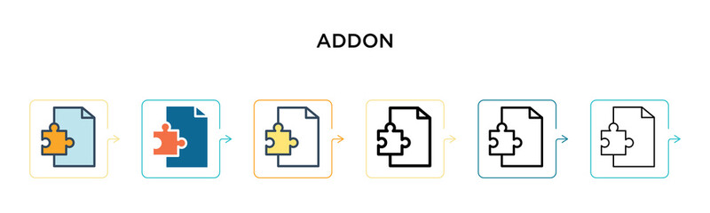 Obraz premium Addon vector icon in 6 different modern styles. Black, two colored addon icons designed in filled, outline, line and stroke style. Vector illustration can be used for web, mobile, ui
