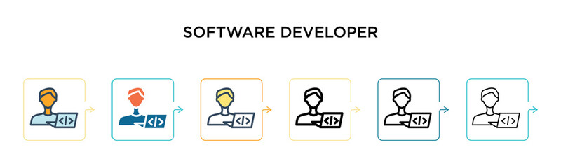 Software developer vector icon in 6 different modern styles. Black, two colored software developer icons designed in filled, outline, line and stroke style. Vector illustration can be used for web,