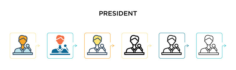 President vector icon in 6 different modern styles. Black, two colored president icons designed in filled, outline, line and stroke style. Vector illustration can be used for web, mobile, ui