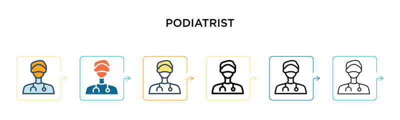 Podiatrist vector icon in 6 different modern styles. Black, two colored podiatrist icons designed in filled, outline, line and stroke style. Vector illustration can be used for web, mobile, ui