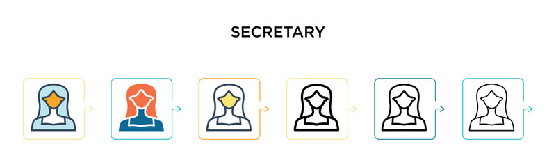 Secretary vector icon in 6 different modern styles. Black, two colored secretary icons designed in filled, outline, line and stroke style. Vector illustration can be used for web, mobile, ui
