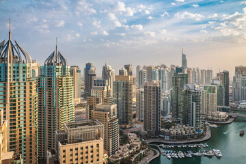 Dubai skyline, aerial top view of the city in Dubai Marina