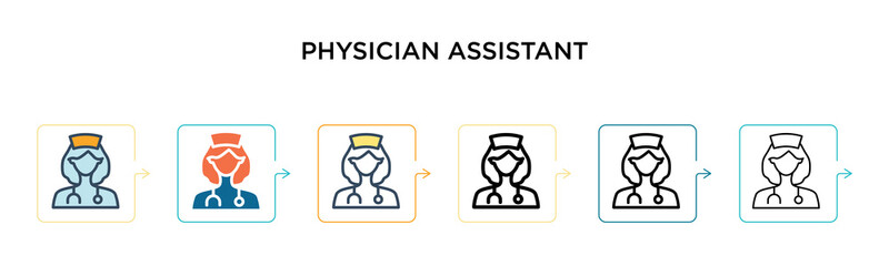 Physician assistant vector icon in 6 different modern styles. Black, two colored physician assistant icons designed in filled, outline, line and stroke style. Vector illustration can be used for web,