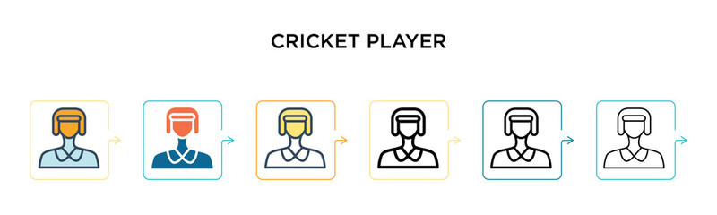 Cricket player vector icon in 6 different modern styles. Black, two colored cricket player icons designed in filled, outline, line and stroke style. Vector illustration can be used for web, mobile, ui