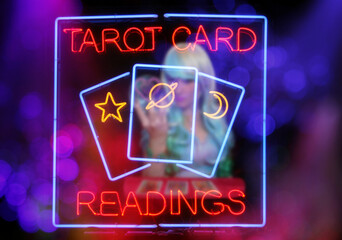 Psychic Card Reader Neon Sign in Rainy Window