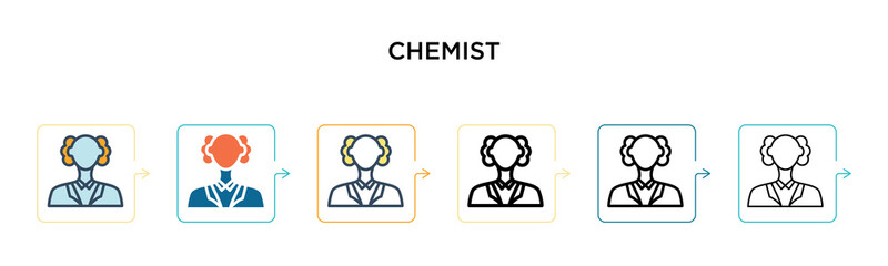 Chemist vector icon in 6 different modern styles. Black, two colored chemist icons designed in filled, outline, line and stroke style. Vector illustration can be used for web, mobile, ui