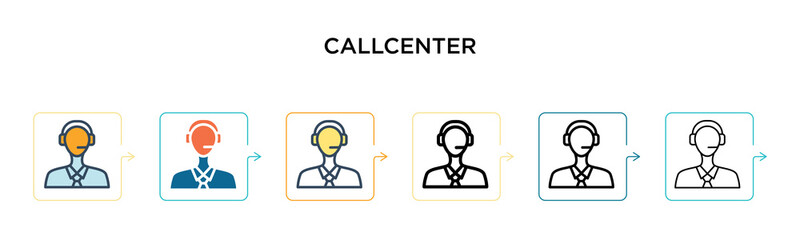 Fototapeta premium Callcenter vector icon in 6 different modern styles. Black, two colored callcenter icons designed in filled, outline, line and stroke style. Vector illustration can be used for web, mobile, ui