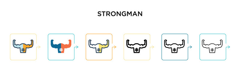 Strongman vector icon in 6 different modern styles. Black, two colored strongman icons designed in filled, outline, line and stroke style. Vector illustration can be used for web, mobile, ui